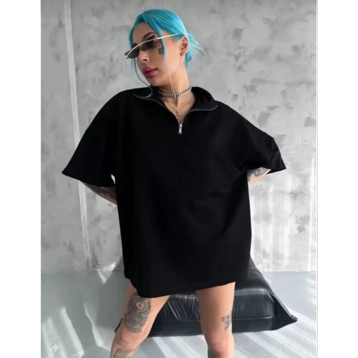 Kadın Yarım Fermuarlı Tişört Düz Oversize T-Shirt - Siyah