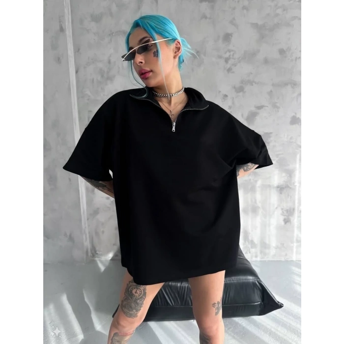 Kadın Yarım Fermuarlı Tişört Kısa kol T-Shirt - Siyah