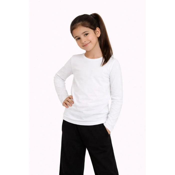 Kız Çocuk Basic Uzun Kollu Tişört Okul Günlük Rahat T-Shirt - Beyaz