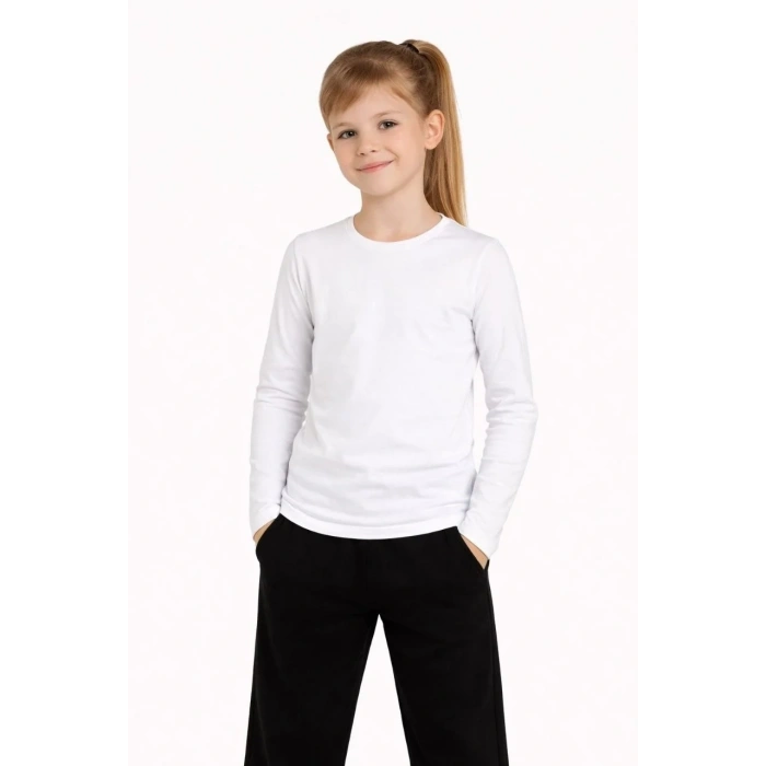 Kız Çocuk Basic Uzun Kollu Tişört Okul Günlük Rahat T-Shirt - Beyaz