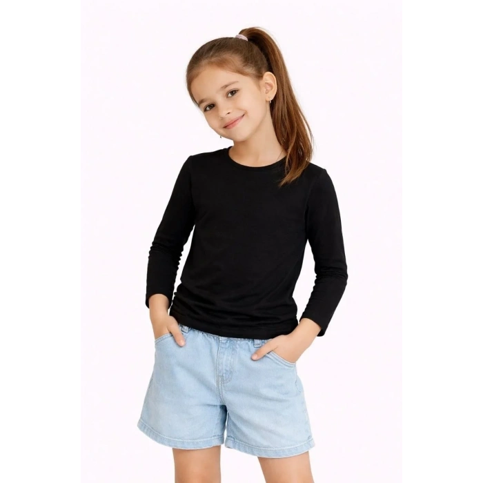 Kız Çocuk Basic Uzun Kollu Tişört Okul Günlük Rahat T-Shirt - Siyah