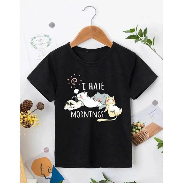 Kız Çocuk Bisiklet Yaka Baskılı T-Shirt - Siyah