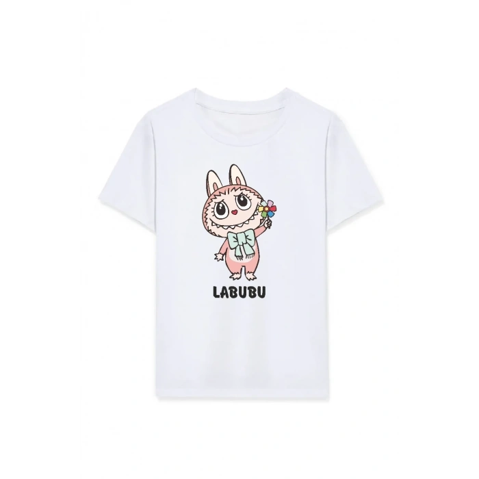 Kız Labubu Çocuk Baskılı T-Shirt - Beyaz