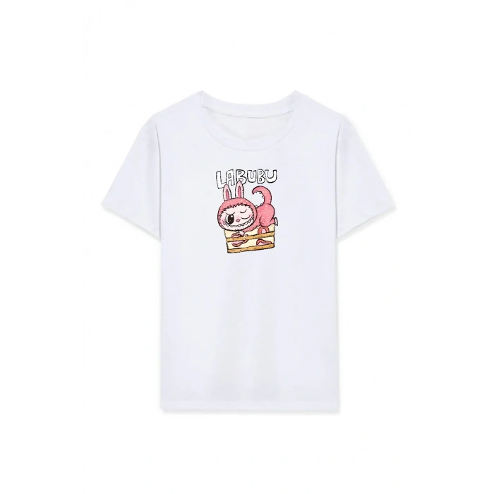 Kız Labubu Çocuk Baskılı T-Shirt - Beyaz