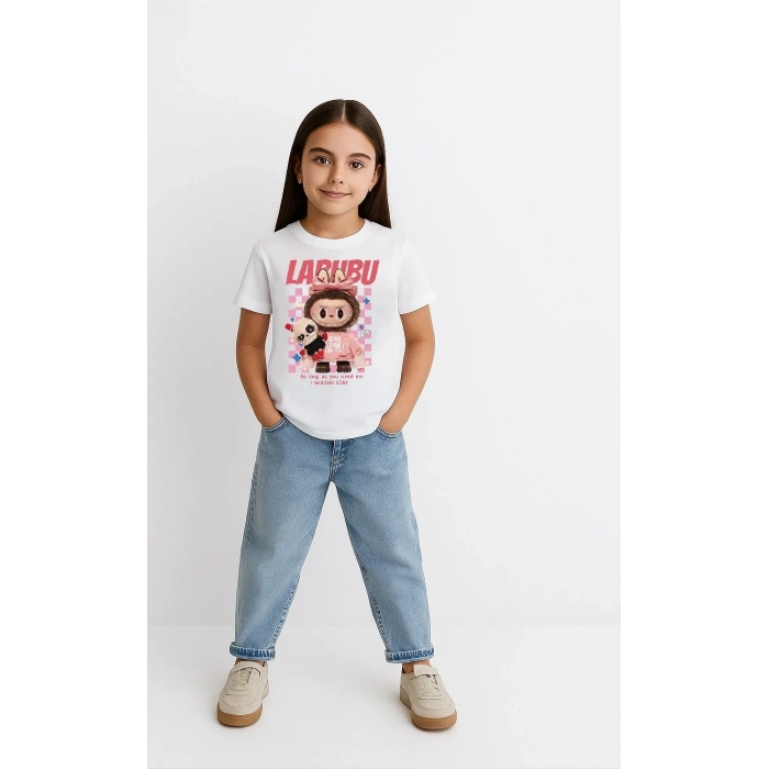 Kız Labubu Çocuk Baskılı T-Shirt - Beyaz
