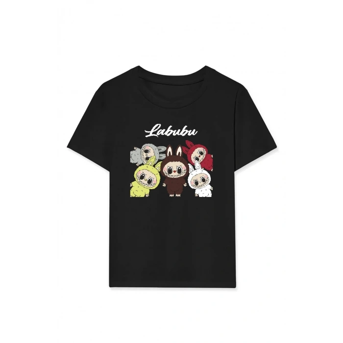 Kız Labubu Çocuk Baskılı T-Shirt - Siyah