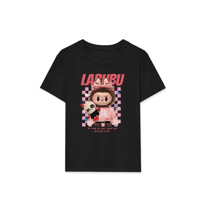 Kız Labubu Çocuk Baskılı T-Shirt - Siyah