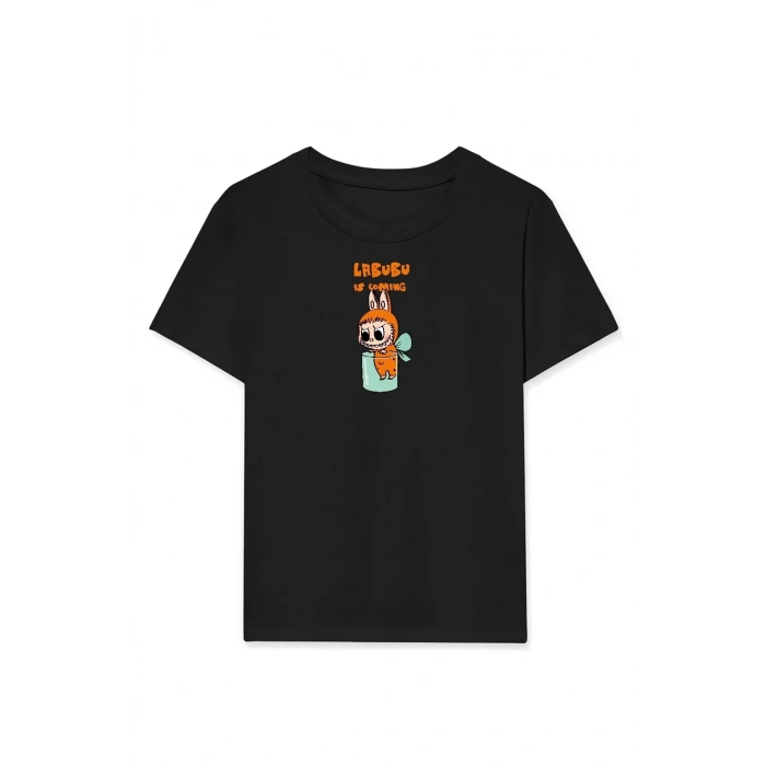 Kız Labubu Çocuk Baskılı T-Shirt - Siyah