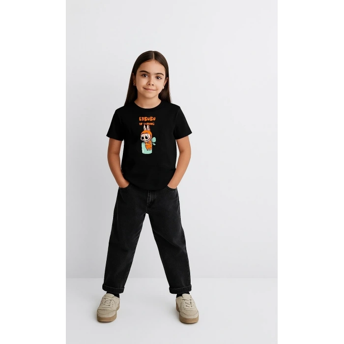 Kız Labubu Çocuk Baskılı T-Shirt - Siyah