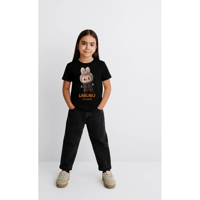 Kız Labubu Çocuk Baskılı T-Shirt - Siyah