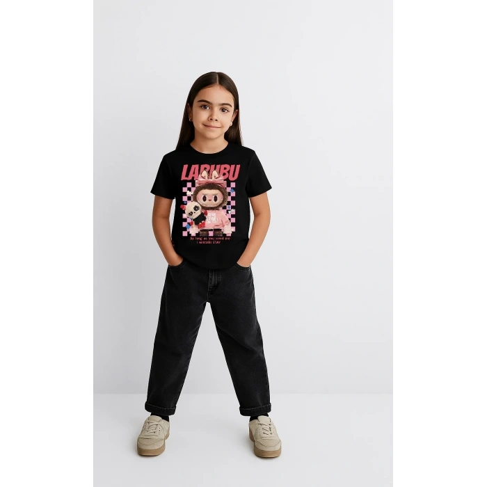Kız Labubu Çocuk Baskılı T-Shirt - Siyah