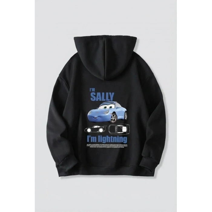Sevgililer Günü Özel Kapüşonlu Araba Baskılı Oversize Sweatshirt - Siyah