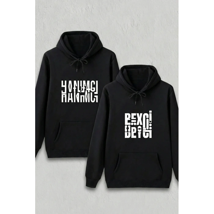 Sevgililer Günü Özel Kapüşonlu Beyci Baskılı Oversize Sweatshirt - Siyah
