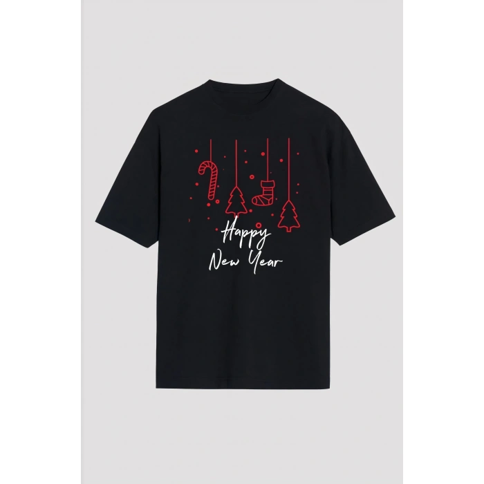 Yılbaşı Happy New Year Baskılı Kısa Kollu Oversize Bisiklet Yaka T-shirt - Siyah