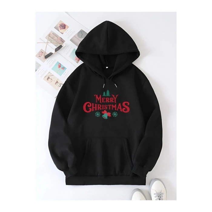Yılbaşı Merry Christmas Baskılı Oversize Kapüşonlu Sweatshirt Hoodie - Siyah
