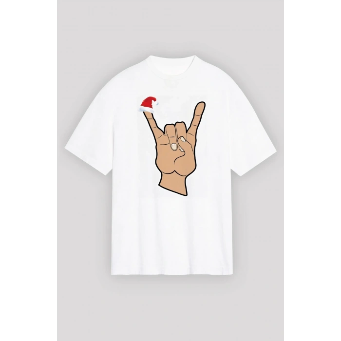 Yılbaşı Noel Başlıklı Serçe Parmak Baskılı Oversize Bisiklet Yaka T-shirt - Beyaz