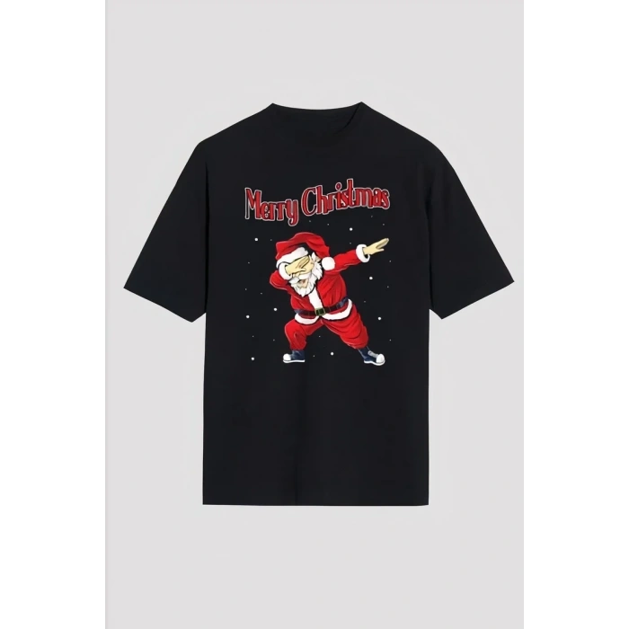 Yılbaşı Tişört Merry Christmas Baskılı Noel Babalı T-shirt - Siyah