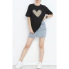 14 Şubat Sevgililer Günü Leopar Kalp Baskılı Oversize Bisiklet Yaka T-shirt - Siyah