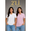 2li Kadın Polo Yaka Pike Kumaş Düğmeli Basic Tişört Günlük Rahat Kesim - Beyaz, Pembe