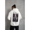 Erkek 3 İplik Pamuklu Kapüşonlu Baskılı Cepli Oversize Sweatshirt Hoodie - Beyaz