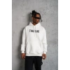 Erkek 3 İplik Pamuklu Kapüşonlu Baskılı Cepli Oversize Sweatshirt Hoodie - Beyaz