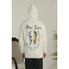 Erkek 3 İplik Pamuklu Kapüşonlu Baskılı Cepli Oversize Sweatshirt Hoodie - Beyaz