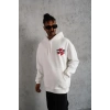 Erkek 3 İplik Pamuklu Kapüşonlu Baskılı Cepli Oversize Sweatshirt Hoodie - Beyaz
