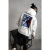 Erkek 3 İplik Pamuklu Kapüşonlu Baskılı Cepli Oversize Sweatshirt Hoodie - Beyaz