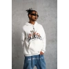 Erkek 3 İplik Pamuklu Kapüşonlu Baskılı Cepli Oversize Sweatshirt Hoodie - Beyaz