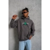 Erkek 3 İplik Pamuklu Kapüşonlu Baskılı Cepli Oversize Sweatshirt Hoodie - Gri