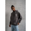 Erkek 3 İplik Pamuklu Kapüşonlu Baskılı Cepli Oversize Sweatshirt Hoodie - Gri