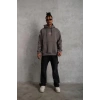 Erkek 3 İplik Pamuklu Kapüşonlu Baskılı Cepli Oversize Sweatshirt Hoodie - Gri