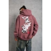 Erkek 3 İplik Pamuklu Kapüşonlu Baskılı Cepli Oversize Sweatshirt Hoodie - Gül Kurusu