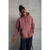 Erkek 3 İplik Pamuklu Kapüşonlu Baskılı Cepli Oversize Sweatshirt Hoodie - Gül Kurusu