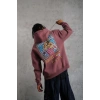 Erkek 3 İplik Pamuklu Kapüşonlu Baskılı Cepli Oversize Sweatshirt Hoodie - Gül Kurusu