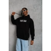 Erkek 3 İplik Pamuklu Kapüşonlu Baskılı Cepli Oversize Sweatshirt Hoodie - Siyah
