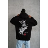 Erkek 3 İplik Pamuklu Kapüşonlu Baskılı Cepli Oversize Sweatshirt Hoodie - Siyah
