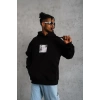 Erkek 3 İplik Pamuklu Kapüşonlu Baskılı Cepli Oversize Sweatshirt Hoodie - Siyah