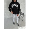 Erkek 3 İplik Pamuklu Kapüşonlu Baskılı Cepli Oversize Sweatshirt Hoodie - Siyah