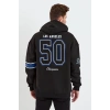 Erkek 3 İplik Pamuklu Kapüşonlu Baskılı Cepli Oversize Sweatshirt Hoodie - Siyah