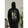 Erkek 3 İplik Pamuklu Kapüşonlu Baskılı Cepli Oversize Sweatshirt Hoodie - Siyah