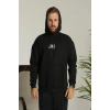 Erkek 3 İplik Pamuklu Kapüşonlu Baskılı Cepli Oversize Sweatshirt Hoodie - Siyah