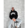 Erkek 3 İplik Pamuklu Kapüşonlu Baskılı Cepli Oversize Sweatshirt Hoodie - Siyah