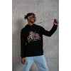 Erkek 3 İplik Pamuklu Kapüşonlu Baskılı Cepli Oversize Sweatshirt Hoodie - Siyah