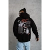 Erkek 3 İplik Pamuklu Kapüşonlu Baskılı Cepli Oversize Sweatshirt Hoodie - Siyah