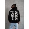 Erkek 3 İplik Pamuklu Kapüşonlu Baskılı Cepli Oversize Sweatshirt Hoodie - Siyah