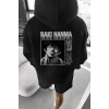 Erkek 3 İplik Pamuklu Kapüşonlu Baskılı Cepli Oversize Sweatshirt Hoodie - Siyah