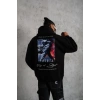 Erkek 3 İplik Pamuklu Kapüşonlu Baskılı Cepli Oversize Sweatshirt Hoodie - Siyah