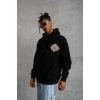 Erkek 3 İplik Pamuklu Kapüşonlu Baskılı Cepli Oversize Sweatshirt Hoodie - Siyah