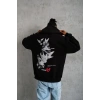 Erkek 3 İplik Pamuklu Kapüşonlu Baskılı Cepli Oversize Sweatshirt Hoodie - Siyah